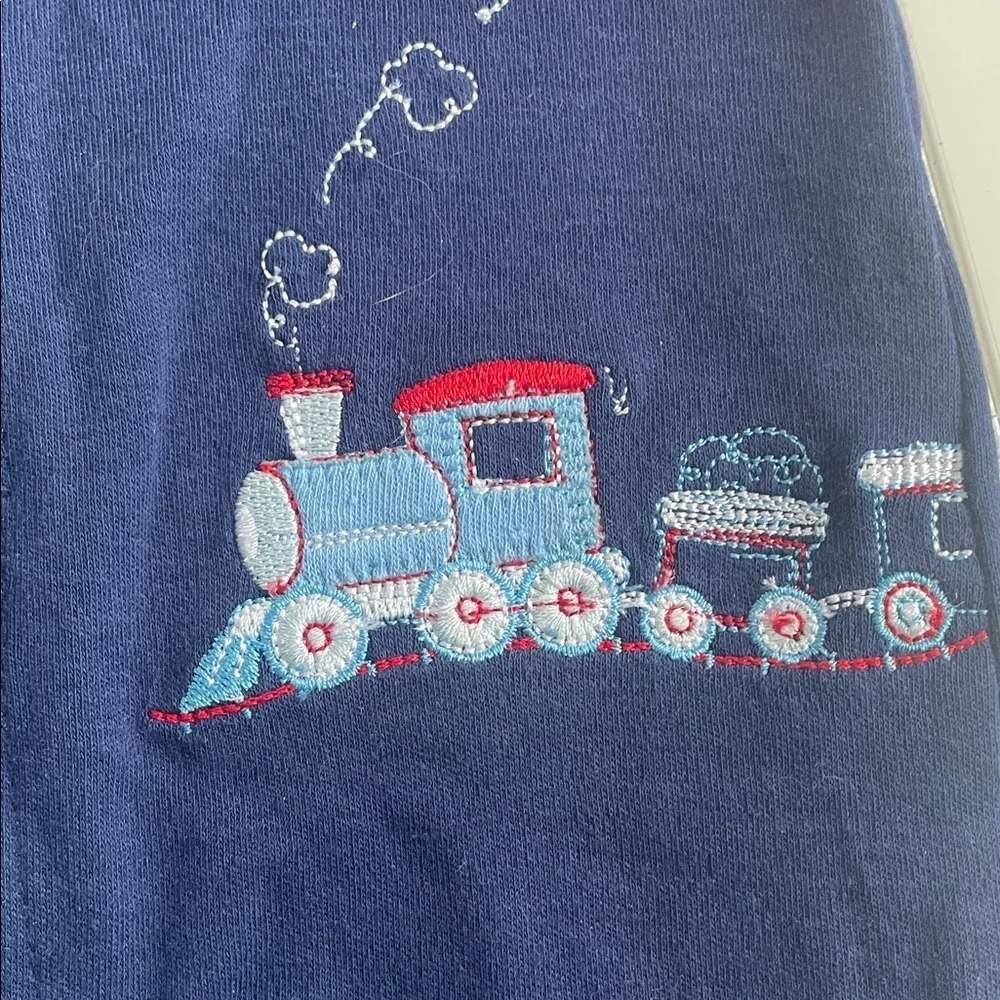 Red and Blue Train-Themed Baby Onesie